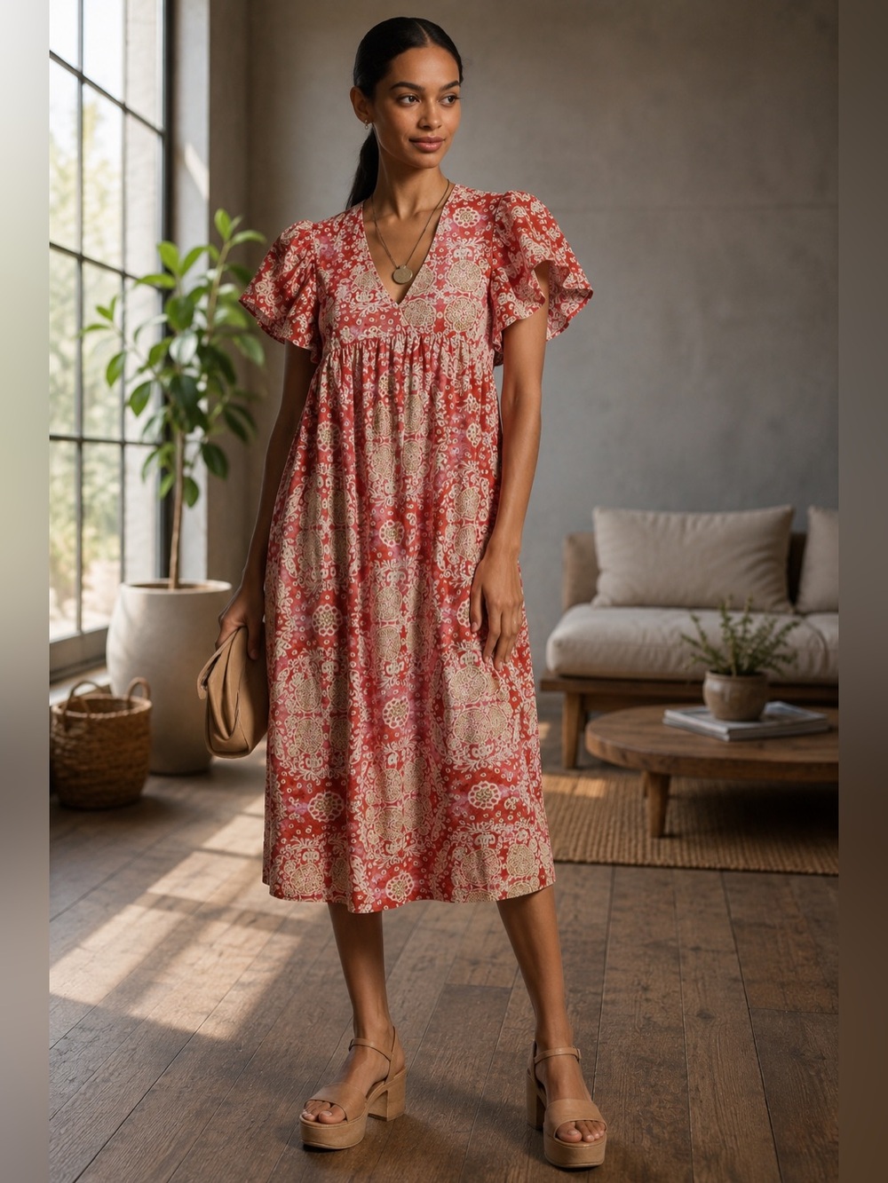Maeve Anthropologie Boho Midi Dress Cotton‎ Flutter Sleeve Small